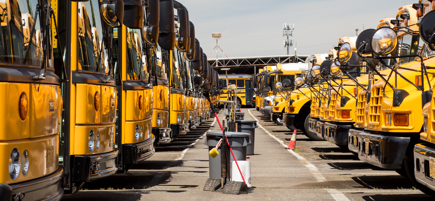 Rows of school buses in Salem-Keizer School District.